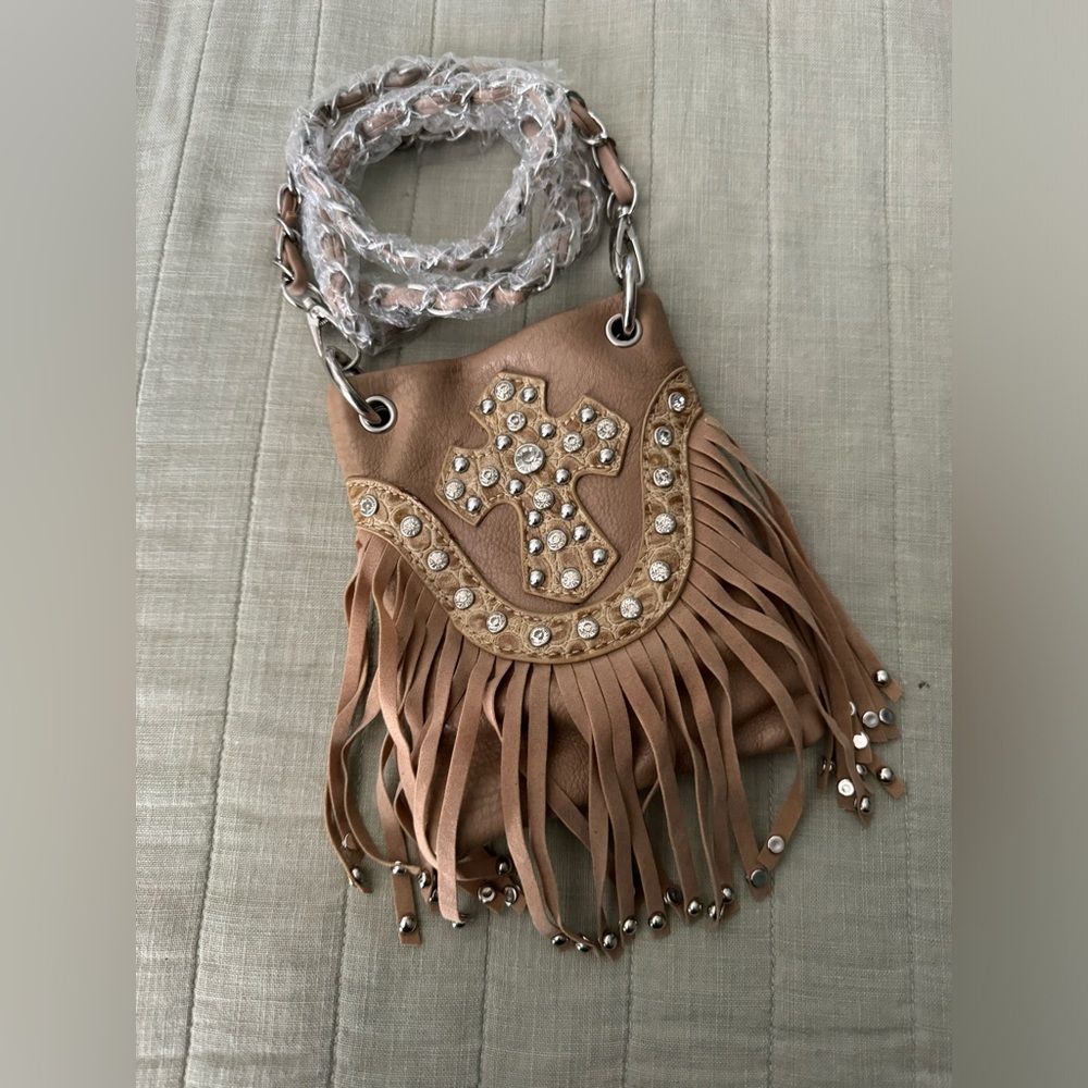 Western fringe tan, studded dainty purse